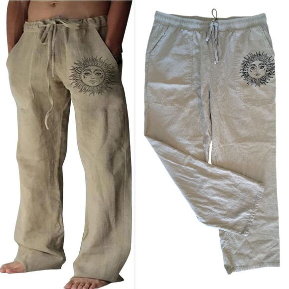 Khaki Sun Print Pull On Cotton Linen Hippie Trouser Pants Size Large - Picture 1 of 14